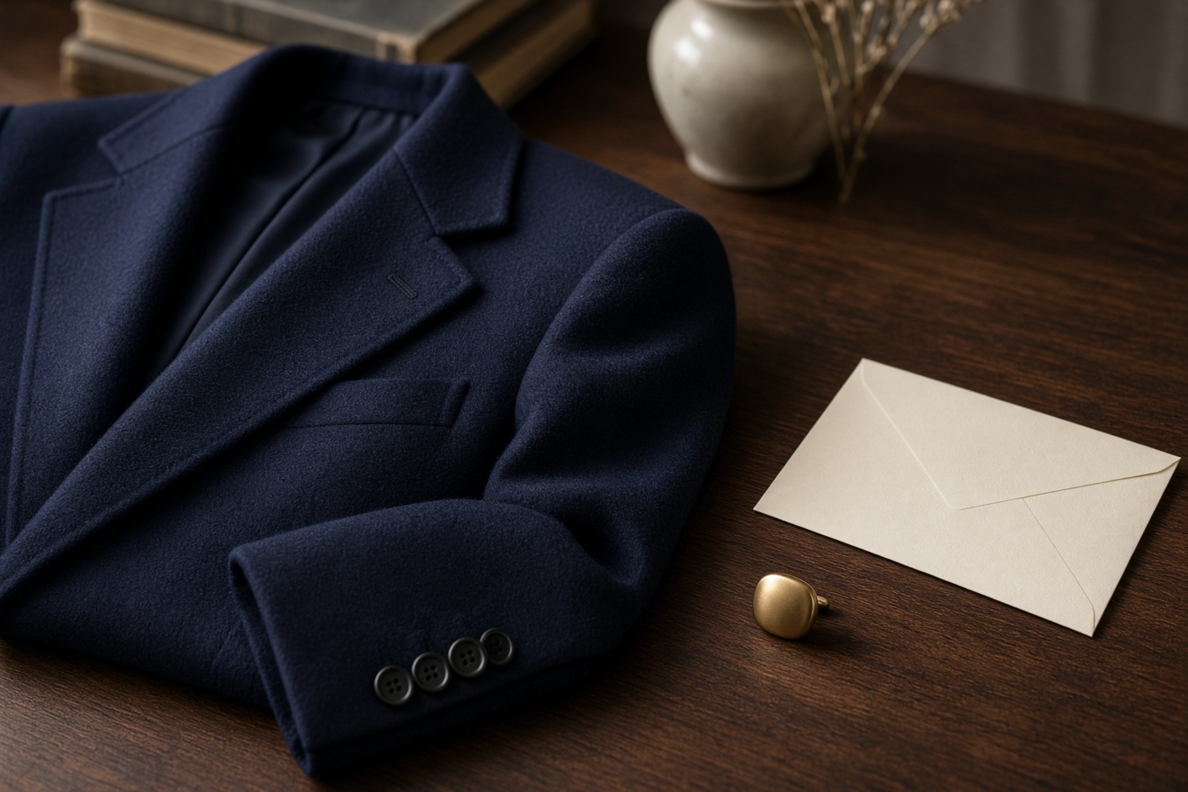 A navy suit jacket folded on a walnut table beside a brass cufflink and a blank envelope.